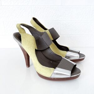 BCBGMaxAzria Womens Heels Pump Peep Toe Slingback Suede Green Silver Size 36.5